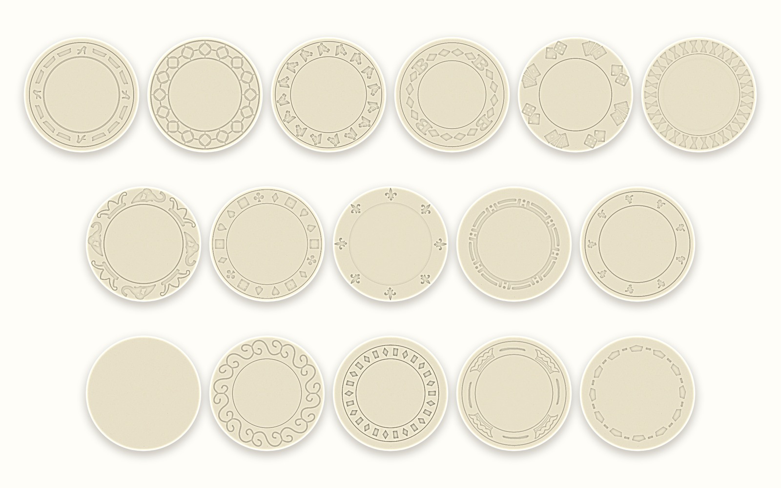 Sixteen white chips showing each current 39mm rim mold design