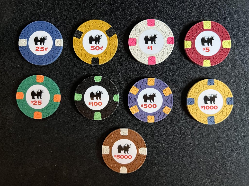 The Rounders replica stock set — all nine denominations laid out